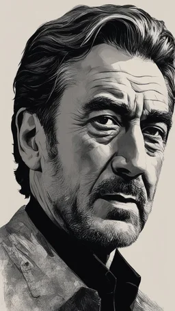 chiaroscuro portrait illustration of Robert de Niro in the style of threadbare abstract expressionism, ebony , black, and pewter , vintage abstract cut-and-paste, ricoh gr iii, editorial illustrations, fine lines, highly detailed hair and facial features