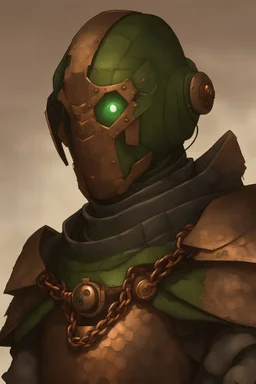 Warforged robotic warlock with round eyes, face exposed, no helmet, wearing copper chain mail armor, medieval style, black details, green eyes, dungeons and dragons