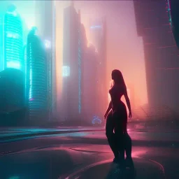 double exposure of a futuristic cyberpunk woman in an alien city by alessio albi --v 4