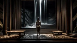 A nude female figure standing on a wooden platform, surrounded by a dark, industrial environment with a large, cascading waterfall in the background