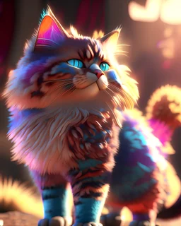 Stunning 3D video game style cat, realistic fur, vibrant colors, dynamic pose, epic background, Unreal Engine, Pixar, key art, high resolution, point lighting, midday sun, Canon EOS R5, cat, 3D, video game style, realistic, vibrant colors, dynamic pose, Unreal Engine, high resolution, point lighting, midday sun, Canon EOS R5.