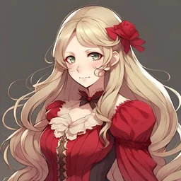 Personaje de anime femenina, con cabello rubio y largo, piel bien blanca, vestido de epoca victoriana color rojo intenso. rostro en forma de v y delgado, mirada seria