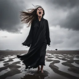 Portrait of a girl screaming loudly with a black robe that was torn in an explosion, walking in the mud of Lapindo, the strong wind blowing her hair and, staring, gray flat sky background, a perfect combination of bright contrast and delicate patterns, symmetrical composition, dramatic landscape