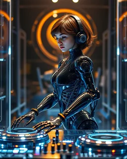 full body all to feet Beautiful pretty Female brown short hair style She Hybrid robotic Dj chasing clear surfaces it from transparency super clear glass explore inside machine components, advance design futuristic sci fi picture,find details,Sony Alpha 7 50mm 1.8,medium shot, high-resolution image with fine details,ultra detailed,ultra realistic,extremely realistic,intricate,photorealistic,epic composition