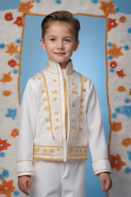 facial portrait - 10-year-old Elvis Presley is posing for his school picture in a white jumpsuit with a high collar embroidery designs - Sparkling, Sky blue Background, professional quality studio 8x10 UHD Digital photograph by Scott Kendall - multicolored spotlight, Photorealistic, realistic stock photo, Professional quality Photograph. colored Fog