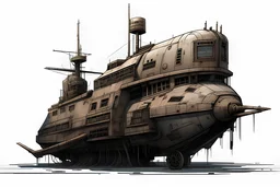 front view, ship, post-apocalyptic, concept art, blank background