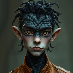 Zykrass has black scales and bright brown eyes. He has short tendrils on his head. He has a stern look on his face. He wears light lipstick and has a pronounced overbite. There is a pronounced birthmark on the top of his left cheek. He wears a cheap copper jacket. His clothes look rather dirty.