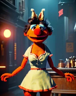 Portrait, waitress woman with monster muppet mask that covers her entire head, retro style, Sesame Street style, smooth, unreal engine 5, god lights, ray tracing, RTX, lumen lighting, ultra detail, volumetric lighting, 3d.