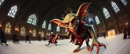 pin hole cam, master oil painting by Rembrandt, d&d monster gremlin illithid and lich in ice skating hall or church