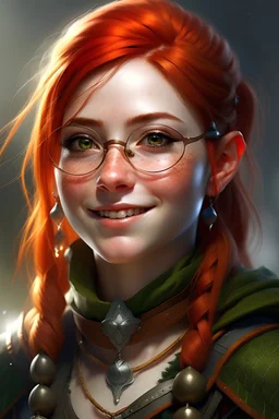 Realistic, happy, young, elf, girl, with bright red hair, freckles, religious cleric, wearing chain mail armor and thick glasses that make her eyes big and pointed ears