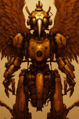 Angle Raw, A full length cyber buceros bird mixed with a rusted robot, carrying a weapon,8k ultra detail, baroque painting by AI