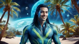 beautiful gorgeous young man na'vi with long hair, Avatar, blue skin, two small ears, green eyes, black hair, in cosmic suit, galactic ambiance, smiling, with spaceship and planets and palm trees and clear crystaline cosmic beach in background