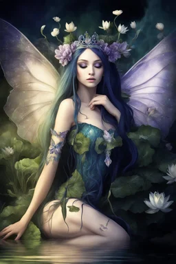 Dark blue hair , tiara, purple hair, dark , fairy,nymph saphire, blue, emerald,rapunzel hair ,enchanted ,,purpleydragonfly,elven crown, gothic,water lilies, lotus,pond,amethyst