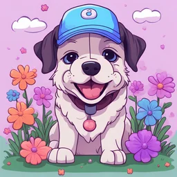 Cute dog. Animated like a NFT. Colorful background with flowers, like a field of flowers. Make the cute dog very happy. I want the dog to be wearing a baseball hat. I want the hat to be purple and in black writing say "Solana".