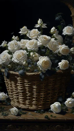 Bosch nightmares paining style Title:a basket full of white roses , 8k artistic photography, photorealistic concept art, soft natural volumetric cinematic perfect light, chiaroscuro, award-winning photograph, masterpiece, oil on canvas, Raphael, Caravaggio, Greg Rutkowski, people, beksinski, Giger