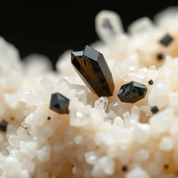 Ultra realistic macro photography of biomorphic organic crystal formation, soft ivory biological surface merging with sharp obsidian crystal growths, extreme close-up detail, shallow depth of field, studio macro lighting with softbox reflections, microscopic texture visibility, 100mm macro lens look, ultra photorealistic, 8k