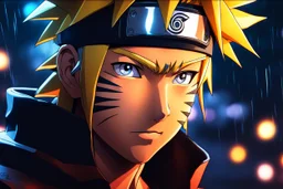 Naruto in 8k realistic anime drawing style, close picture, rain, neon lights, intricate details, highly detailed, high details, detailed portrait, masterpiece,ultra detailed, ultra quality