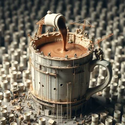 surreal miniaturism, colossal unfinished structure of a cup of hot chocolate being constructed by tiny workers, large syphon dumping hot chocolate into structure, scaffolding and ladders and buttressing and cranes, Giger-like, liminal busy worksite, metaphoric, digital photography, background is a pre-industrial city of similarly constructed ceramic glasses