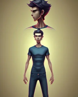 a tall rattled guy with short dark hair tousled on top, a long neck and long limbs and is wearing a t-shirt with a shirt over and skinny jeans. pokemon style