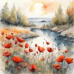 Summer day with sun by the lake,poppies. Jean-Baptiste Monge style, watercolor, ink. Picturesque and colorful. Shiny colors of a bullring