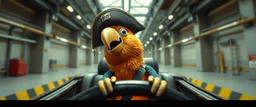 car driving happy 2d fluffy pirate parrot in the style of Escher and Giger and Fallout 4, pinhole cam, airbrush 3d rendering, on tv screen:A five-second cinematic single take in a clean industrial presentation hall.