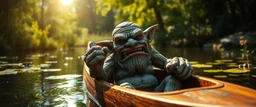 stone garden troll in pain in the sun in a wooden kayak