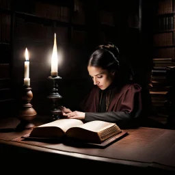 Photograph of a mysterious, indecipherable odd person sitting at a table, reading an ancient book, very accentuated details of the dress and skin, eerily mysterious. 33mm photography, high definition, high resolution, 8k, 3d render, volumetric light, shot on Hasselblad. Study room. Bookshelves, candle lit.