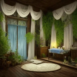 a gorgeous spa with gauzy curtains, dark wood floor, decorative blue-green pond, plants, candles, 8k resolution, white bean bag, high-quality, fine-detail, digital art, detailed matte, volumetric lighting, illustration, 3D octane render, brian froud, howard lyon, greg rutowski, George Grie