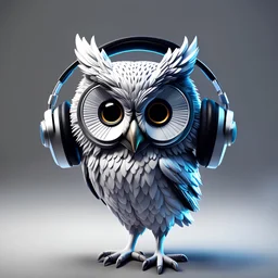 Illustrative sketch of a 3D Pixar image of a humanoid owl in music with headphones, ultra quality, 8k