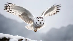 a distant shot of white owl flying above the snow,mist,clouds,nature,bokeh, valley,utra realistic, snow, masterpiece, sharp focus,volumetric lighting,