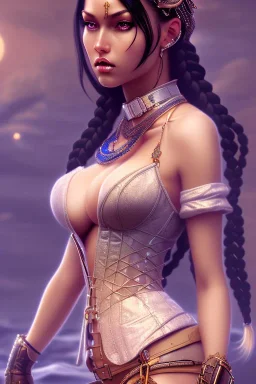 sexy milf, black hair, braids, pony, corset, desert, 8k resolution, high-quality, fine-detail, intricate, fantasy art, detailed matte, volumetric lighting, illustration, 3D