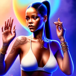 rihanna as man, yoga artist on a boat in the air, maze background , levitated lab equipment, 4k, Highly Detailed, Masterpiece, perfect eyes, Digital Illustration, Cinematic Lighting, Realistic, Sharp Focus, Centered, Beautifully Lit, Bioluminescent by Stanley Artgerm Lau