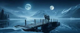 really old werewolf on frozen bridge pond, huge mountains and moon reflecting on pond, goa psy ambient in the style of vangelis and fsol, source vibrations, bokeh like f/0.8, tilt-shift lens 8k, high detail, smooth render, down-light, unreal engine, prize winning