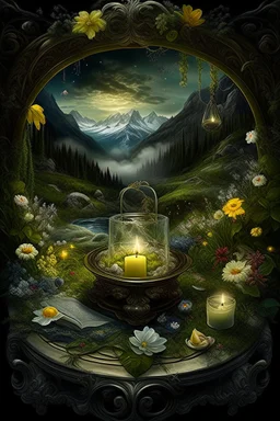 Hyperrealism against the background of a spring landscape in the forest +mirror with a tsunami whirlpool +mountains +ritual +candles+dried flowers+wildflowers+moss++decoupage of flowers+embroidery technique+braided beads+vine+moonlit night,fabulous landscape,surrealism,realism,naturalism,dot technique,microdetalization,high detail objects,digital illustration,volumetric clarity,dark fantasy,dark botanical, professional photo