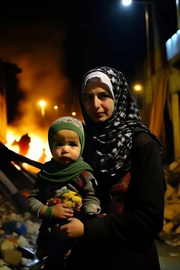 Palestinian girl wears Palestinian keffiyeh Carrying a nude small child ,at witer , Destroyed Buildings , with a Explosions, at night