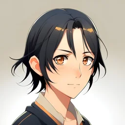 Japanese teenage boy, shoulder length black hair in a low ponytail, honey golden brown eyes, anime style, front facing,