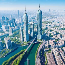 Aerial view of city on a (((twin planet))) of Earth in another galaxy, showing a diverse community. The skyline is dominated by tall skyscrapers with modern futuristic architectural designs, the streets are filled with people from diverse backgrounds. In the distance, a majestic bridge crosses a river and connects the city with a beautiful park on the other side.