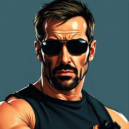 muscular Hans Gruber from the movie Die Hard, dark sunglasses