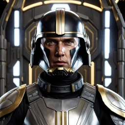 star wars bald male corellian pilot wearing pearlescent black and gunmetal grey First Order special forces heavy assault armor and helmet with gold trim inside the jedi temple, centered portrait, hyperdetailed, dynamic lighting, hyperdetailed background, 8k resolution, volumetric lighting, light skin, fully symmetric details