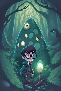 cartoon style harry potter in dark forest, dino egg beside him