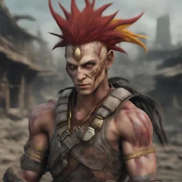 darkredhead ganja warrior man in a post apocalyptic, dystopian world, hyperrealistic movie setting Skin color: dark red, Eye color: wolf yellow gold, Hair color dark red, Hair mohawk Armor ninja Elf ears fitting... Facial features: Indian