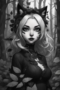 CAT GIRL, goth, forest, nature, cartoon, leaves, black and white hair, boobs, portrait