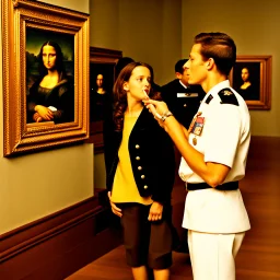 Mona Lisa comes out of the picture and kisses a young navy officer who is standing in the museum looking at her picture