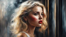 abstract digital art, impressionism, blurry look and feel, byzantine alcohol oil painting of a stunning woman with blonde hair and red lips, earrings, freckles, standing by a window, Disney noir style, masterpiece, 32k resolution, hyper detail, fine details, brush strokes airbrushed, foggy feel and view, on canvas, magic, 8k concept art, moody lighting, hyper detail, intricate detail