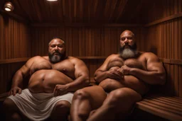 full body shot photography, two muscular chubby ugly burly marocan men , sweat, bulge, masculine hairy 43 year old man, curly hair, manly chest, curly beard ,big shoulders, big arms, big legs, bulge,, ambient occlusion , lying down sleeping in a steamy Sauna, super high resolution, 8k, dim light, side light, ultra hyper realistic, frontal view