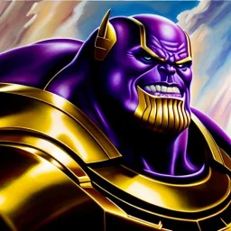 fullbody portrait in oil on canvas of Thanos with Big Golden Hulkbuster armor, intense stare, masterpiece, realistic, intricate detail, sci-fi fantasy style, volumetric lighting, particles, highly detailed ,cinematic , deep colours, 8k, by Kaare Andrew and Robert E Howard and Ken Kelly