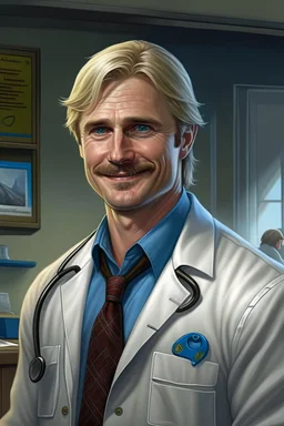 Mid-thirties, Caucasian male doctor, kind smile, blonde hair (slightly disheveled) thick blonde mustache, pale blue eyes, broad shoulders, muscular, six foot, Hawaiian shirt under white lab coat (with blood stains around the edges) , Strong Jaw line, shadowy tendrils,stethoscope draped around neck, photo realistic