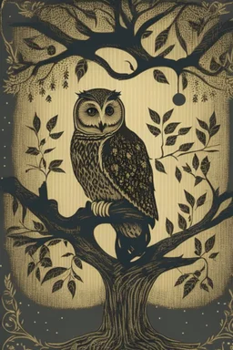 in a cosy vintage style, an owl sits in a black tree