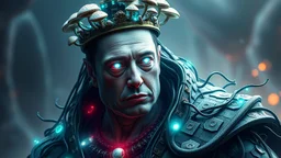 Elon Musk as a surreal, godlike figure—a fusion of AI, reptilian, and mushroom elements. His skin has a subtle, scaled texture with a bioluminescent glow, and his eyes glow with a high-tech, AI-like intensity. A crown made of circuit boards and mushrooms rests on his head, symbolizing his dominion over both technology and nature. His regal robes are intertwined with vines, glowing wires, and futuristic patterns.