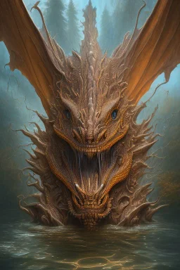 high-quality, fine-detail beautiful, brown dragon head portrait, clear reflective lake, tranquil, stunning, 8k resolution, intricate, digital art, detailed matte, volumetric lighting, George Grie, Anne Dittman, Anne Stokes, Lisa Parker, Selina French, Alphonse Mucha